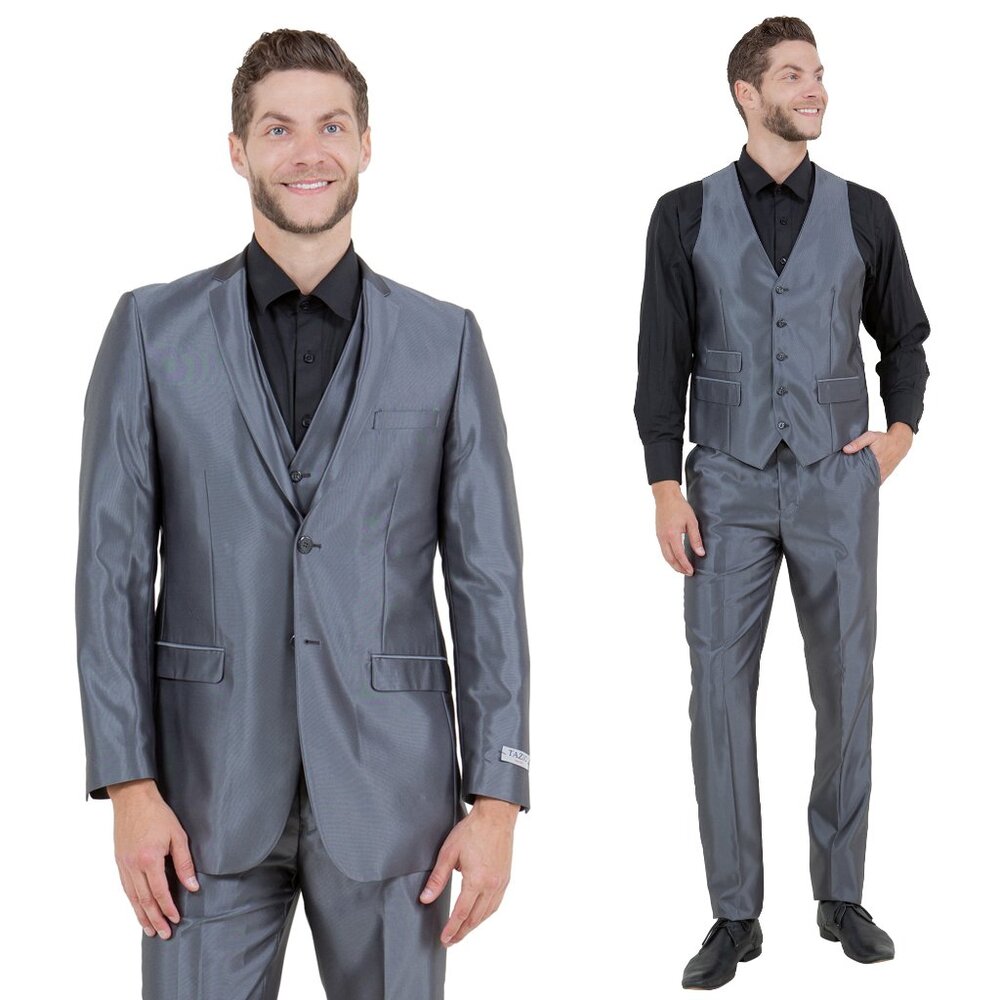 Dark Grey Super Shiny Satin 3pc Mens Suit w/ Notch Lapel (Slim-Fit)